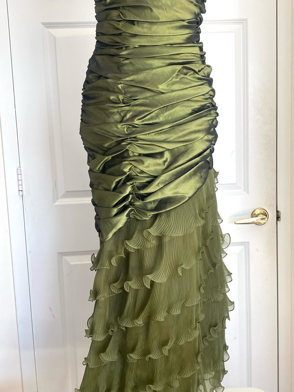 Strapless Olive Ruched Ruffle High-Low Dress - Picture 9 of 14